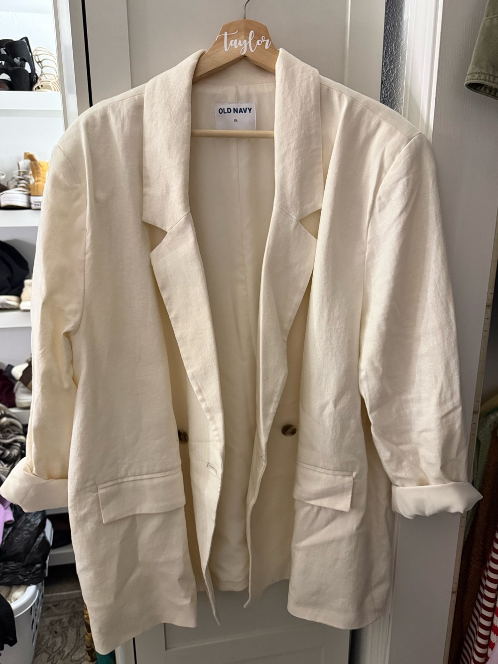 Old Navy Cream Linen like Double-Button Relaxed Blazer